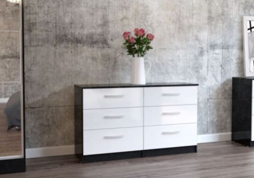 Birlea Lynx Black with White Gloss 6 Drawer Wide Chest of Drawers