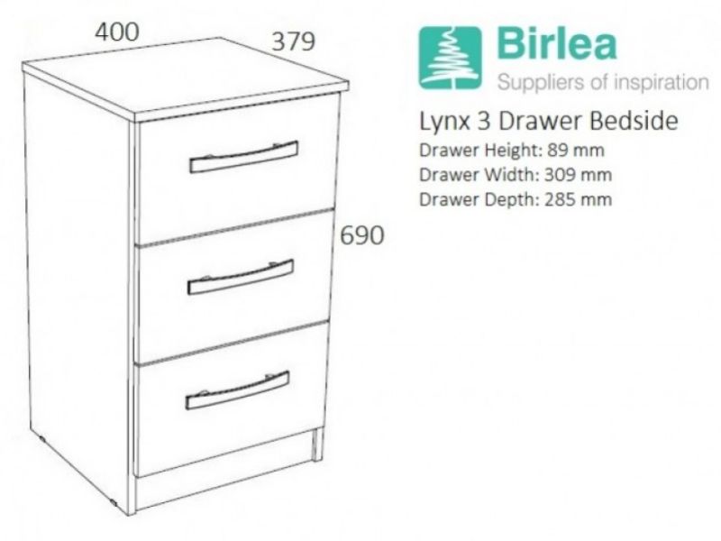 Birlea Lynx Black with Grey Gloss 3 Drawer Bedside