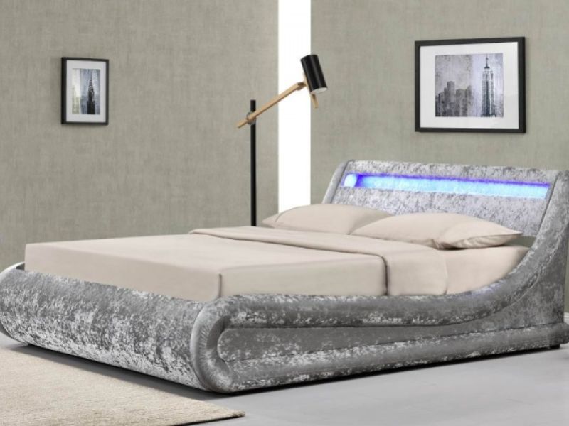 Sleep Design Madrid 4ft6 Double Silver Crushed Velvet Ottoman Bed Frame With LED Lights
