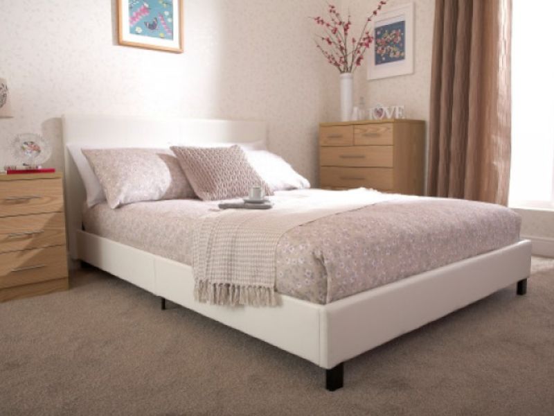 GFW Bed In A Box 4ft6 Double White Faux Leather Bed Frame