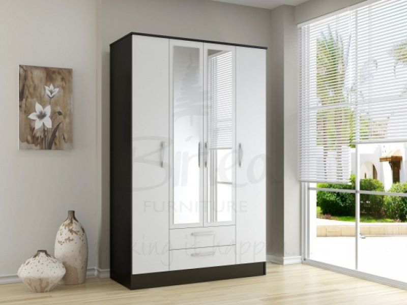 Birlea Lynx Black with White Gloss 4 Door 2 Drawer Wardrobe with Centre Mirrors
