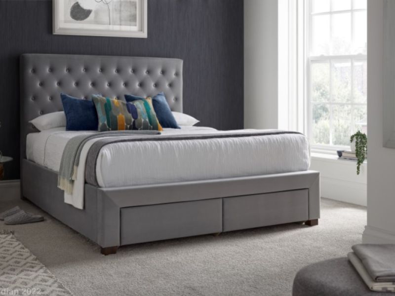 Kaydian Vindolanda 5ft Kingsize Grey Velvet Fabric Bed With Drawers