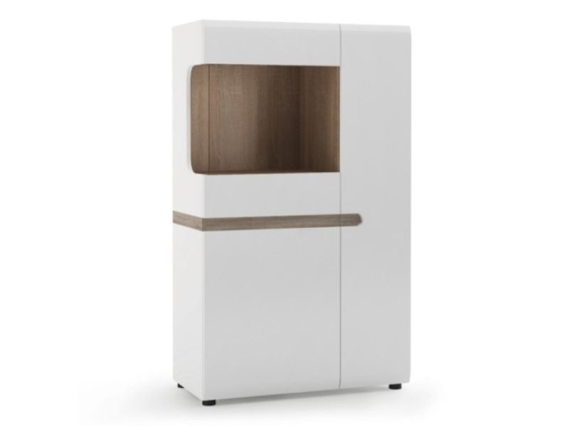 FTG Chelsea Living Low Display Cabinet 85cm wide in white with an Truffle Oak Trim