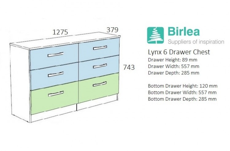 birlea lynx black with white gloss 6 drawer wide chest of drawers by
