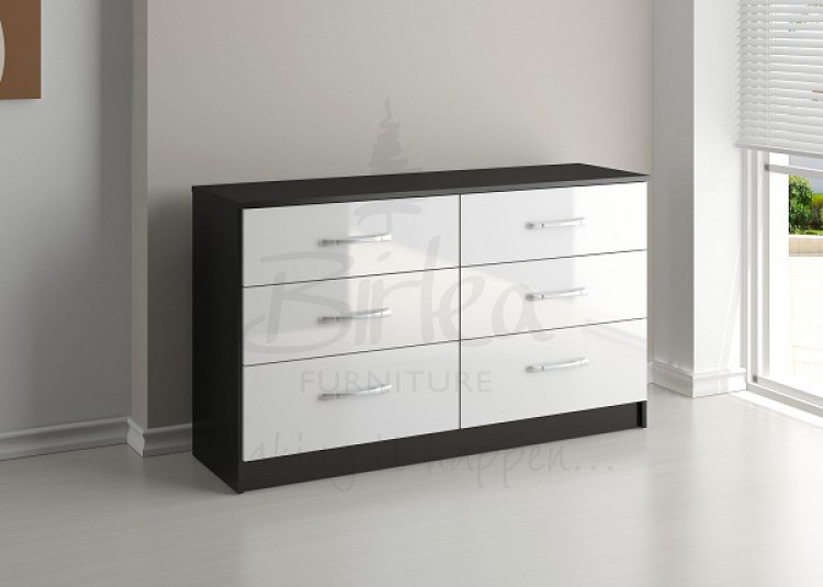Birlea Lynx Black With White Gloss 6 Drawer Wide Chest Of