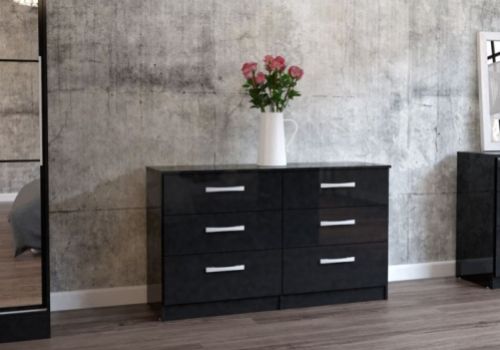 Birlea Lynx Black Gloss 6 Drawer Wide Chest of Drawers