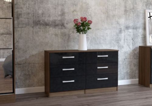 Birlea Lynx Walnut With Black Gloss 6 Drawer Wide Chest of Drawers