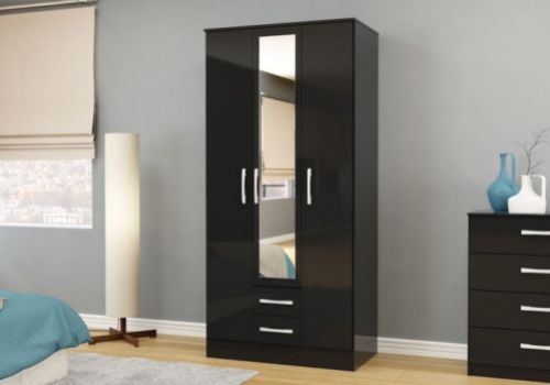 Birlea Lynx Black Gloss 3 Door 2 Drawer Wardrobe With Centre Mirror