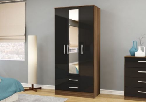 Birlea Lynx Walnut With Black Gloss 3 Door 2 Drawer Wardrobe with Centre Mirror