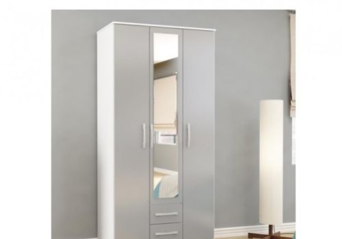 Birlea Lynx White With Grey Gloss 3 Door 2 Drawer Wardrobe with Centre Mirror