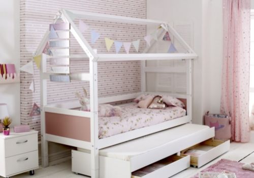 Thuka Nordic Playhouse Bed 2 With Rose Pink End Panels And Trundle Bed With Drawers