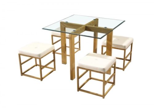 LPD Cube Glass And Metal Dining Set With Cream Seats