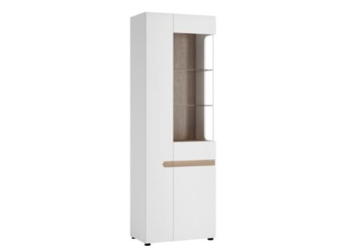 FTG Chelsea Living Tall Glazed Narrow Display unit (RHD) in white with an Truffle Oak Trim