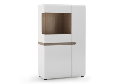 FTG Chelsea Living Low Display Cabinet 85cm wide in white with an Truffle Oak Trim