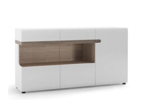 FTG Chelsea Living 3 Door Glazed Sideboard in white with an Truffle Oak Trim