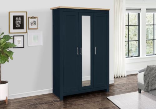 Birlea Highgate Navy Blue And Oak Finish 3 Door Wardrobe With Mirror