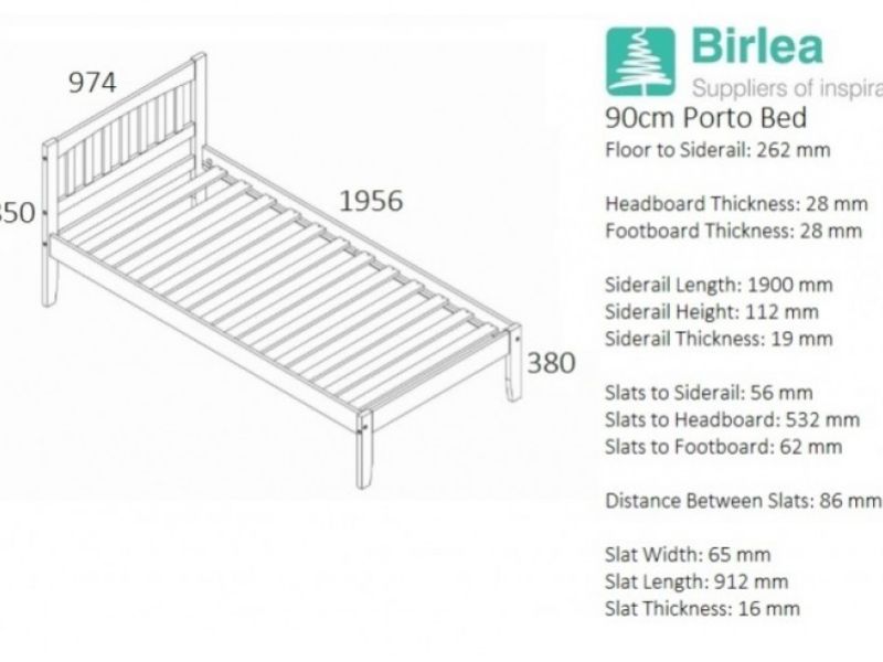Birlea Porto 3ft Single Pine Wooden Bed Frame