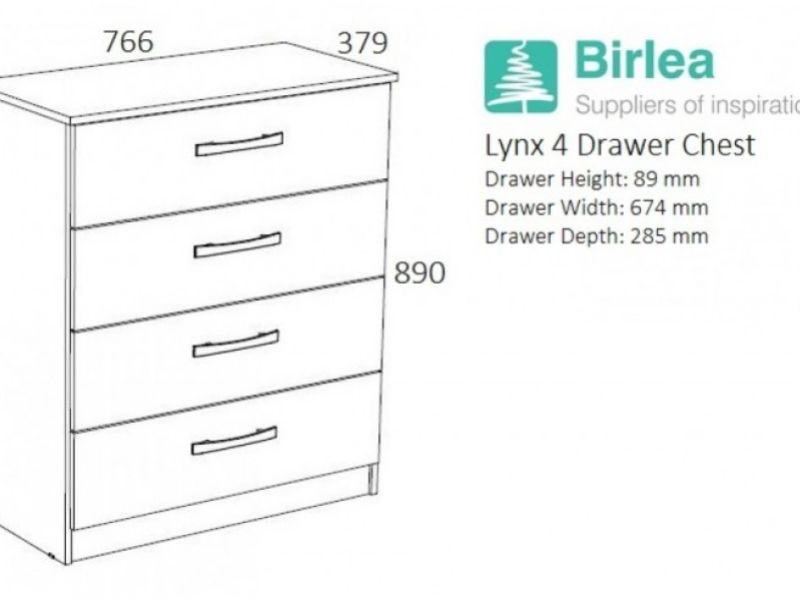 Birlea Lynx Black Gloss 4 Drawer Chest of Drawers