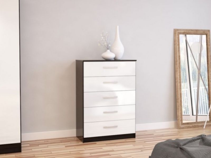 Birlea Lynx Black with White Gloss 5 Drawer Chest of Drawers