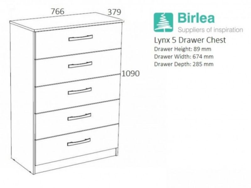 Birlea Lynx White Gloss 5 Drawer Chest of Drawers