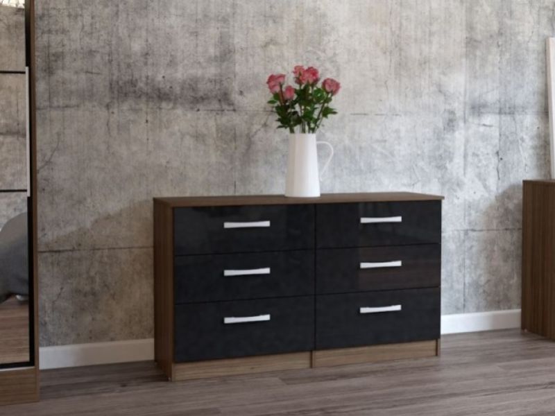 Birlea Lynx Walnut With Black Gloss 6 Drawer Wide Chest of Drawers