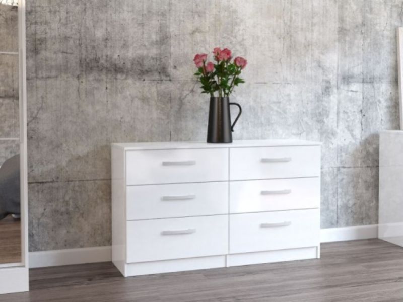 Birlea Lynx White Gloss 6 Drawer Wide Chest of Drawers