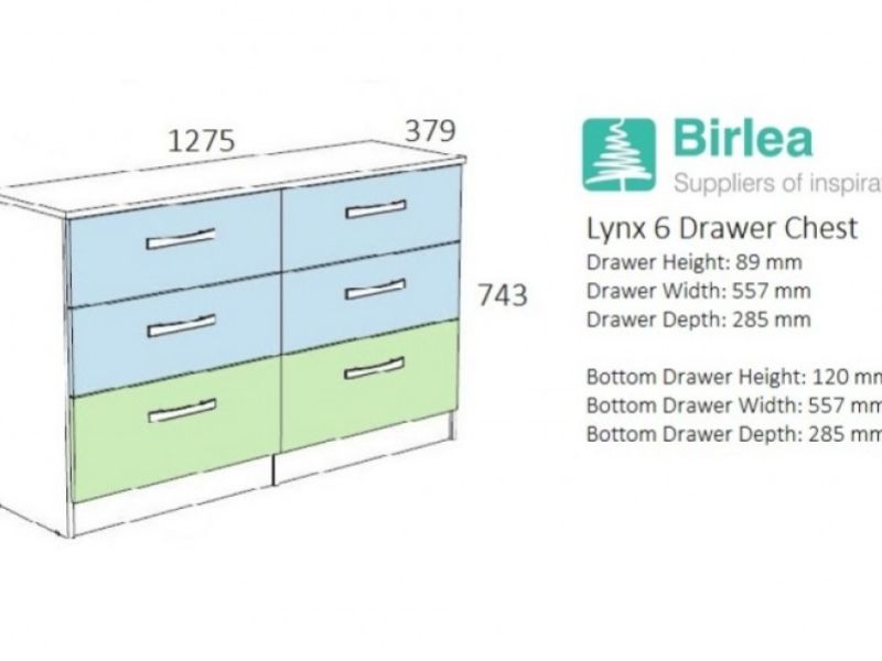 Birlea Lynx White With Grey Gloss 6 Drawer Wide Chest of Drawers