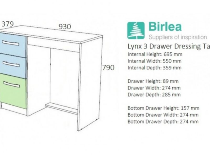Birlea Lynx Black with White Gloss 3 Drawer Single Pedestal Dressing Table
