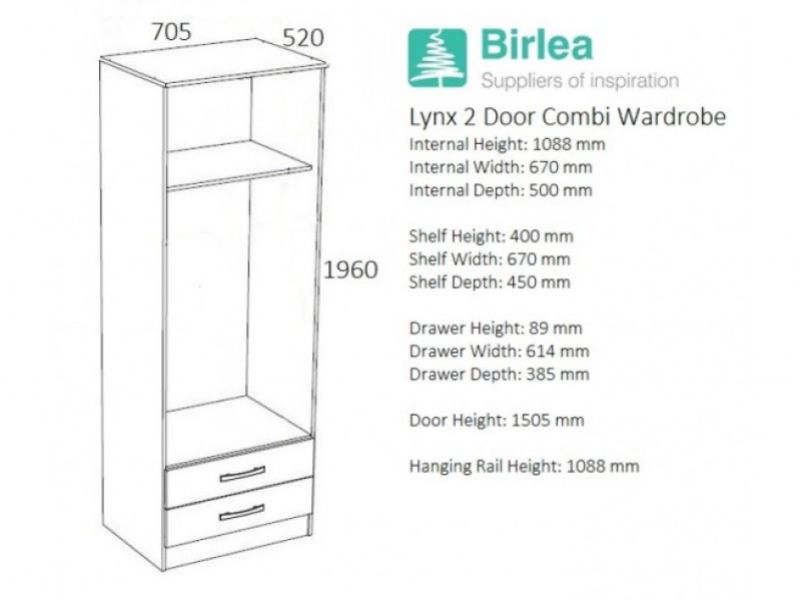 Birlea Lynx White Gloss 2 Door Combi Robe
