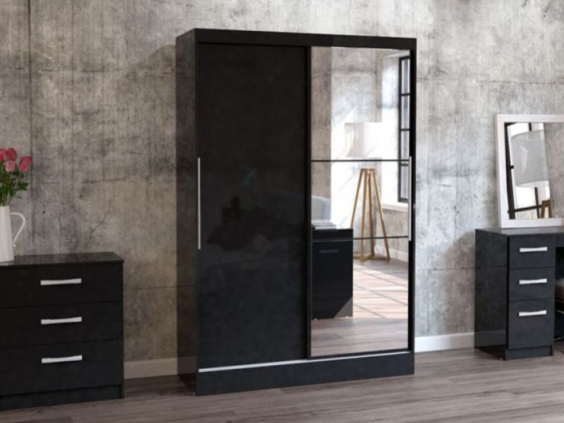 Birlea Lynx Black Gloss Sliding Door Wardrobe with Mirror