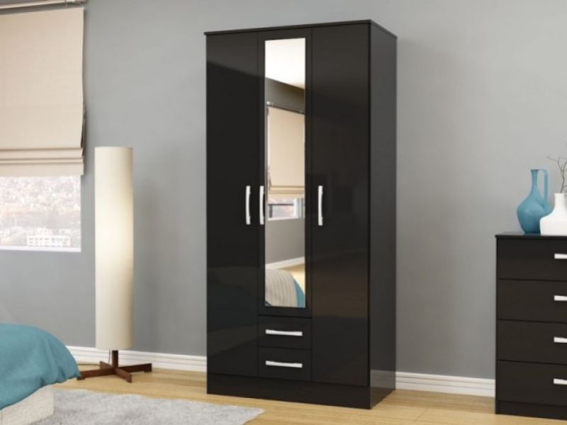 Birlea Lynx Black Gloss 3 Door 2 Drawer Wardrobe With Centre Mirror