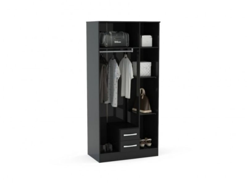 Birlea Lynx Black Gloss 3 Door 2 Drawer Wardrobe With Centre Mirror