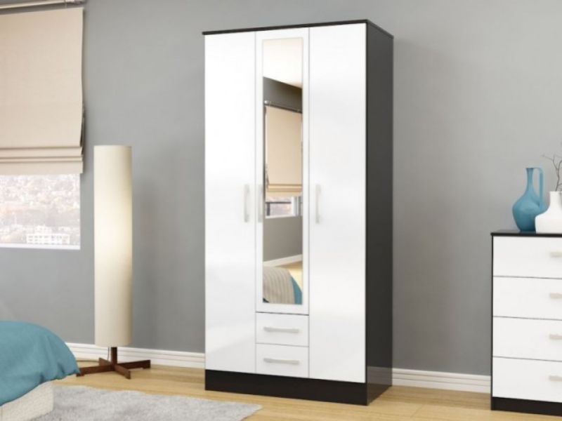 Birlea Lynx Black with White Gloss 3 Door 2 Drawer Wardrobe with Centre Mirror