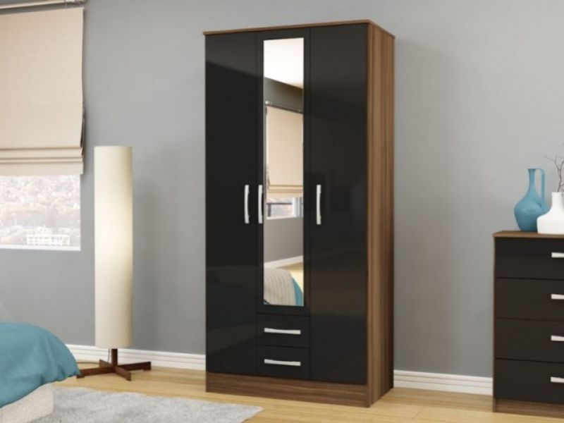 Birlea Lynx Walnut With Black Gloss 3 Door 2 Drawer Wardrobe with Centre Mirror