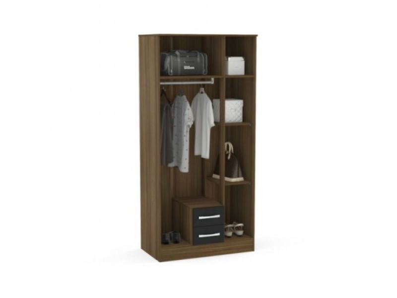 Birlea Lynx Walnut With Black Gloss 3 Door 2 Drawer Wardrobe with Centre Mirror