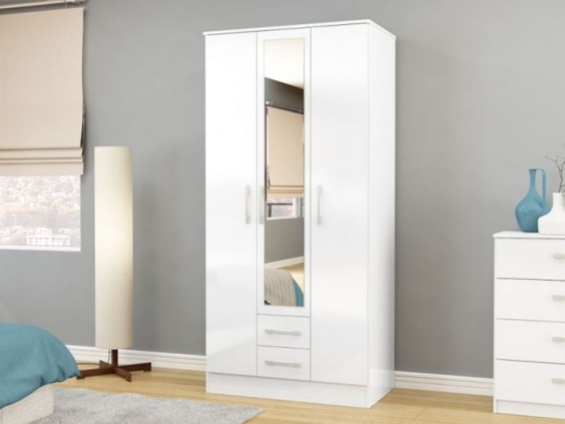 Birlea Lynx White Gloss 3 Door 2 Drawer Wardrobe with Centre Mirror