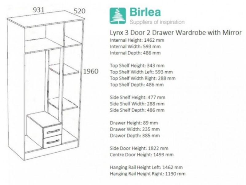 Birlea Lynx White Gloss 3 Door 2 Drawer Wardrobe with Centre Mirror