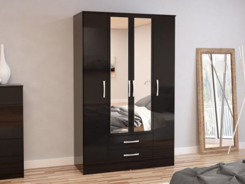 Birlea Lynx Black Gloss 4 Door 2 Drawer Wardrobe With Centre Mirrors