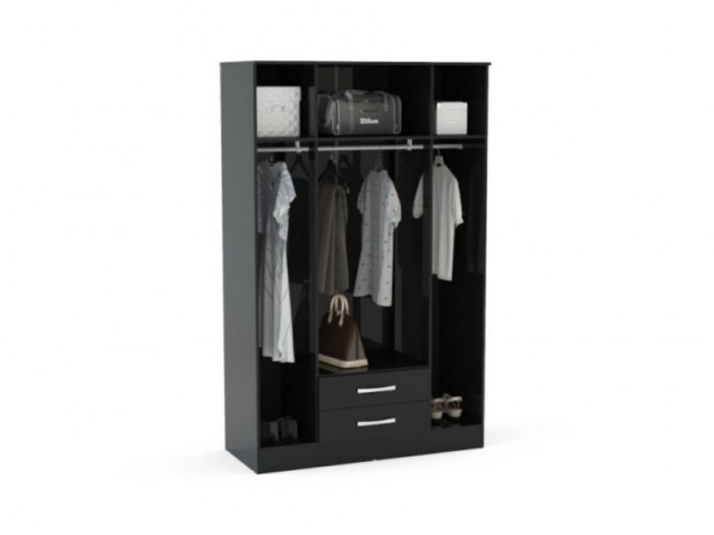 Birlea Lynx Black Gloss 4 Door 2 Drawer Wardrobe With Centre Mirrors