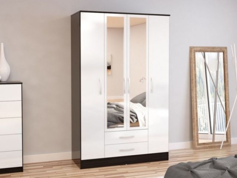 Birlea Lynx Black with White Gloss 4 Door 2 Drawer Wardrobe with Centre Mirrors