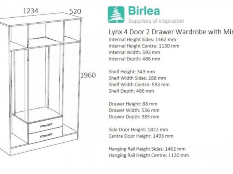 Birlea Lynx Black with White Gloss 4 Door 2 Drawer Wardrobe with Centre Mirrors