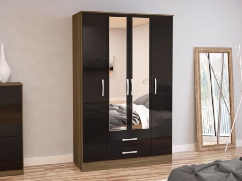 Birlea Lynx Walnut With Black Gloss 4 Door 2 Drawer Wardrobe With Centre Mirrors