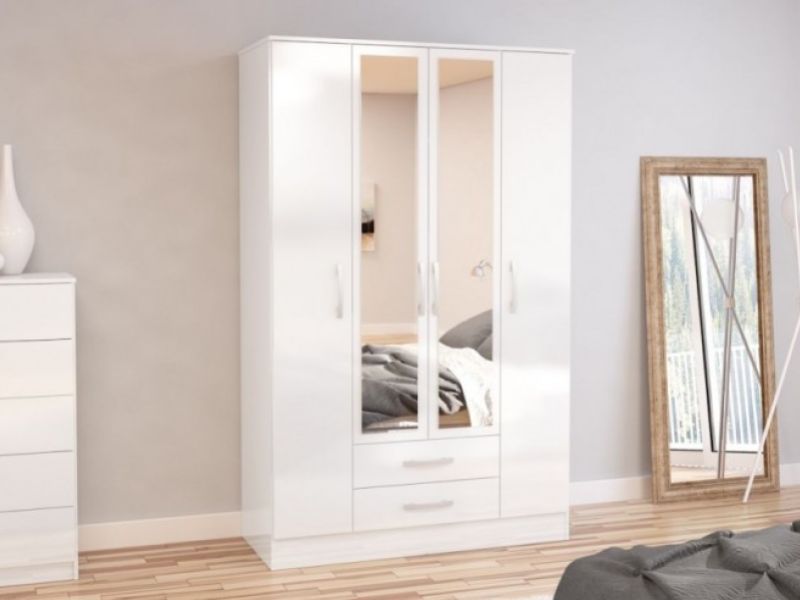 Birlea Lynx White Gloss 4 Door 2 Drawer Wardrobe With Centre Mirrors