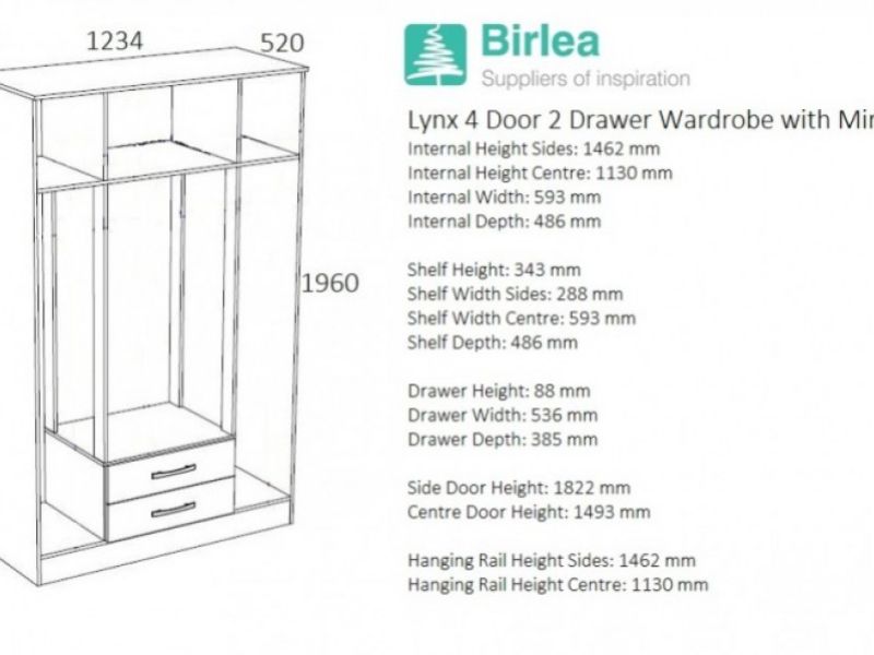 Birlea Lynx White Gloss 4 Door 2 Drawer Wardrobe With Centre Mirrors