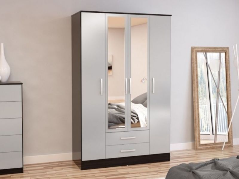 Birlea Lynx Black with Grey Gloss 4 Door 2 Drawer Wardrobe with Center Mirrors