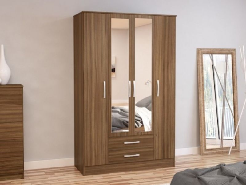 Birlea Lynx Walnut 4 Door 2 Drawer Wardrobe with Center Mirrors
