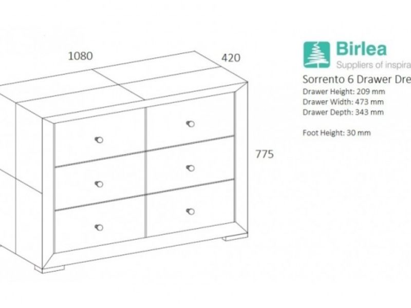 Birlea Sorrento 6 Drawer Dresser in Grey Fabric
