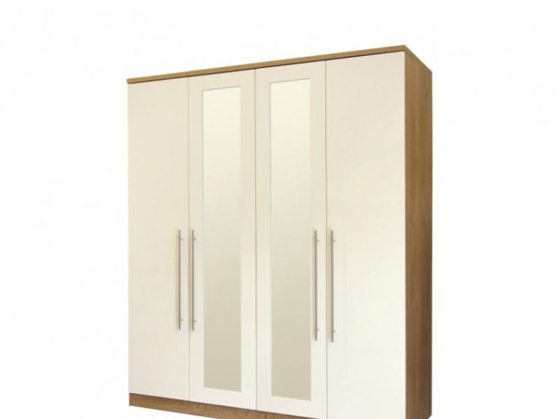 GFW Keswick 4 Door Cream Gloss Wardrobe With Mirrors