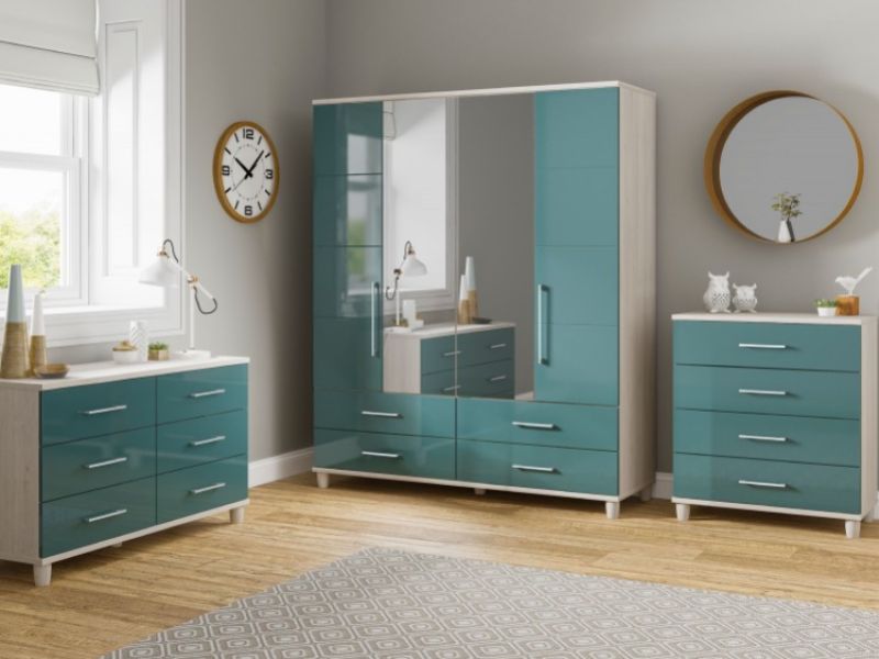 KT Halo Gloss Lagoon 4 Door Wardrobe With Centre Mirrors