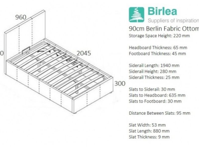 Birlea Berlin 3ft Single Steel Fabric Ottoman Bed